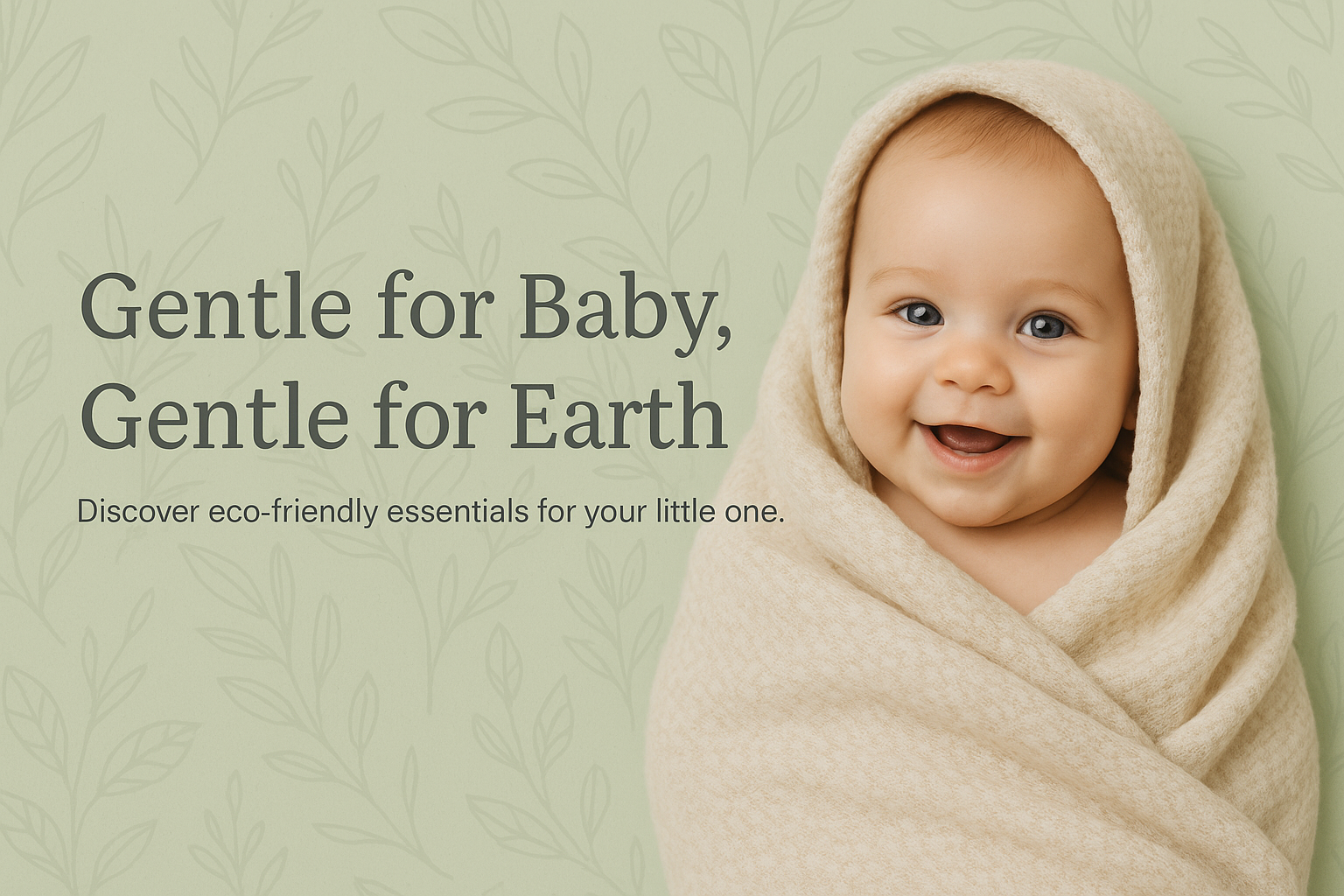 Baby wrapped in a beige blanket with text about eco-friendly products on a light green background